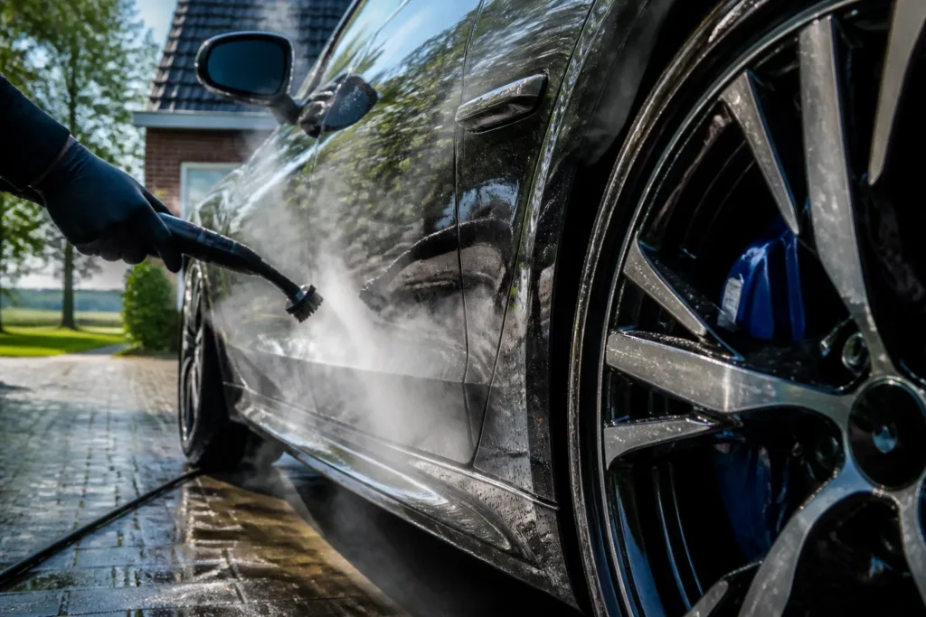 monteur reinigt een auto met stoomreiniger op oprit bij woonhuis in groene omgeving