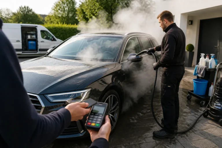professional rondt een stoomreiniging van een auto op de oprit af terwijl de klant mobiel betaalt