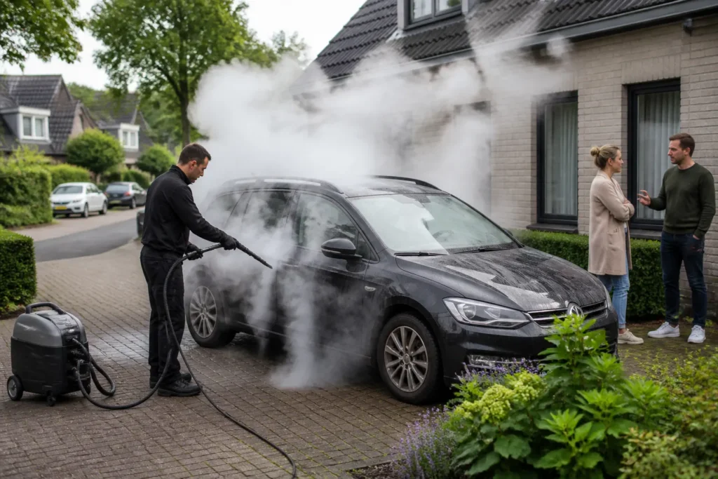 professional die een auto op een oprit in een woonwijk met stoom reinigt terwijl bewoners toekijken