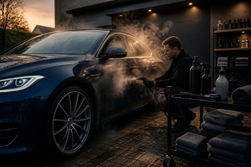 professionele autoreiniging met stoomwolken rond een auto op een oprit, met poetsmiddelen op de achtergrond