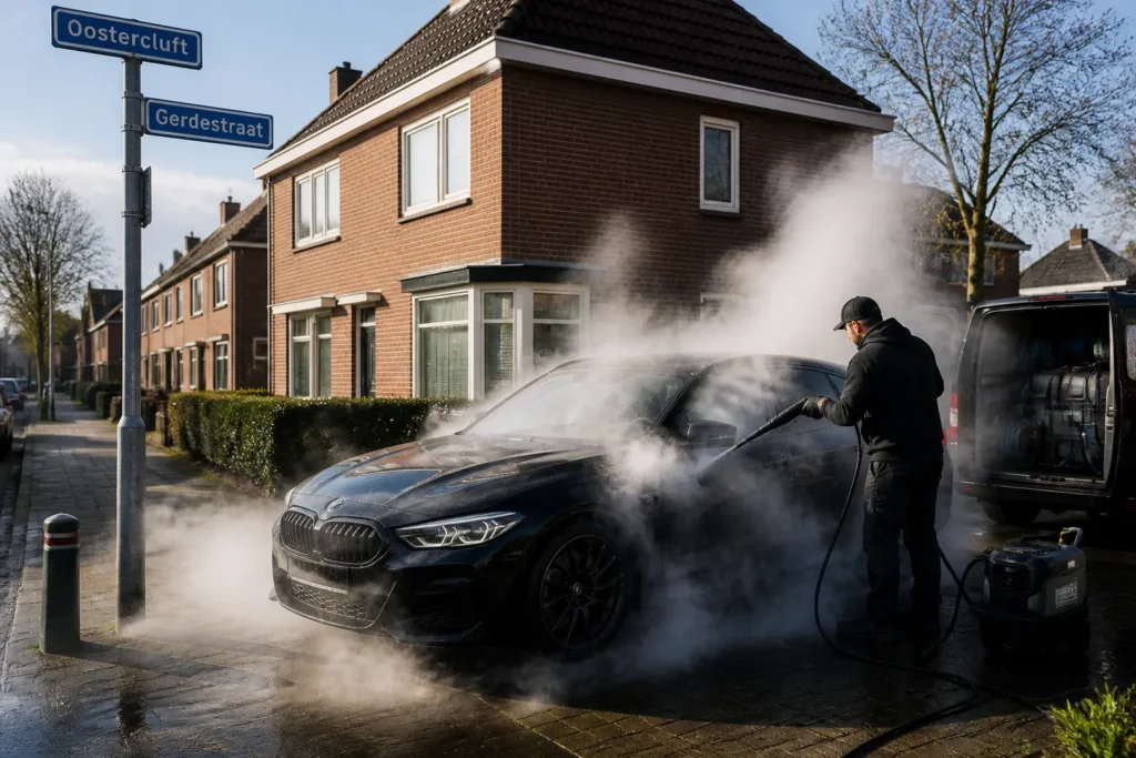 auto op oprit met stoomreiniging naast straatnaambord in woonwijk