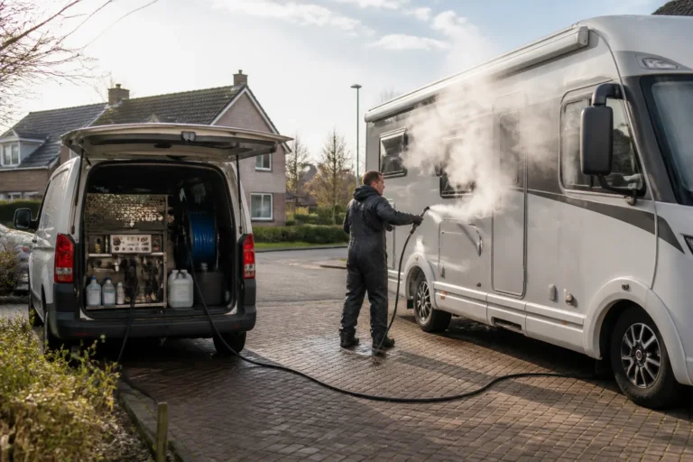monteur stoomreinigt een camper naast bedrijfsbus met professionele apparatuur op oprit in woonwijk in steenwijk