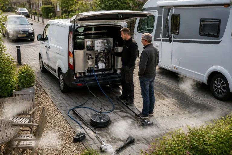 witte bedrijfsbus met open achterklep naast camper, monteur legt stoominstallatie met slangen uit aan klant