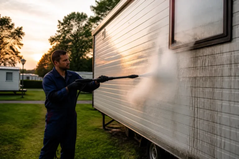monteur met stoomreiniger verwijdert zwarte strepen van stacaravan op groene camping in steenwijk
