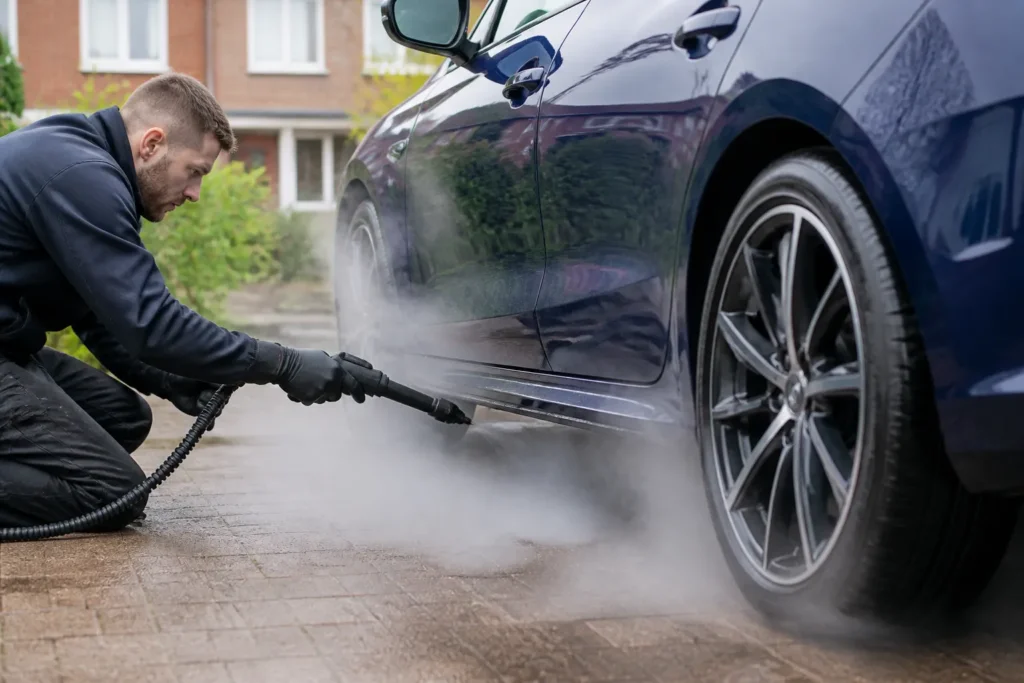 donkerblauwe auto wordt met stoom gereinigd op oprit in woonwijk in steenwijk
