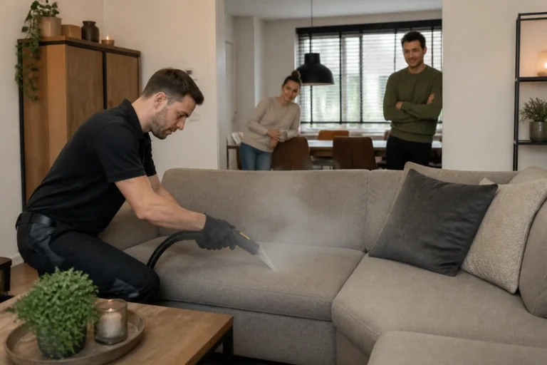 professional reinigt stoffen bank met zichtbare stoomwolk terwijl bewoners in woonkamer meekijken